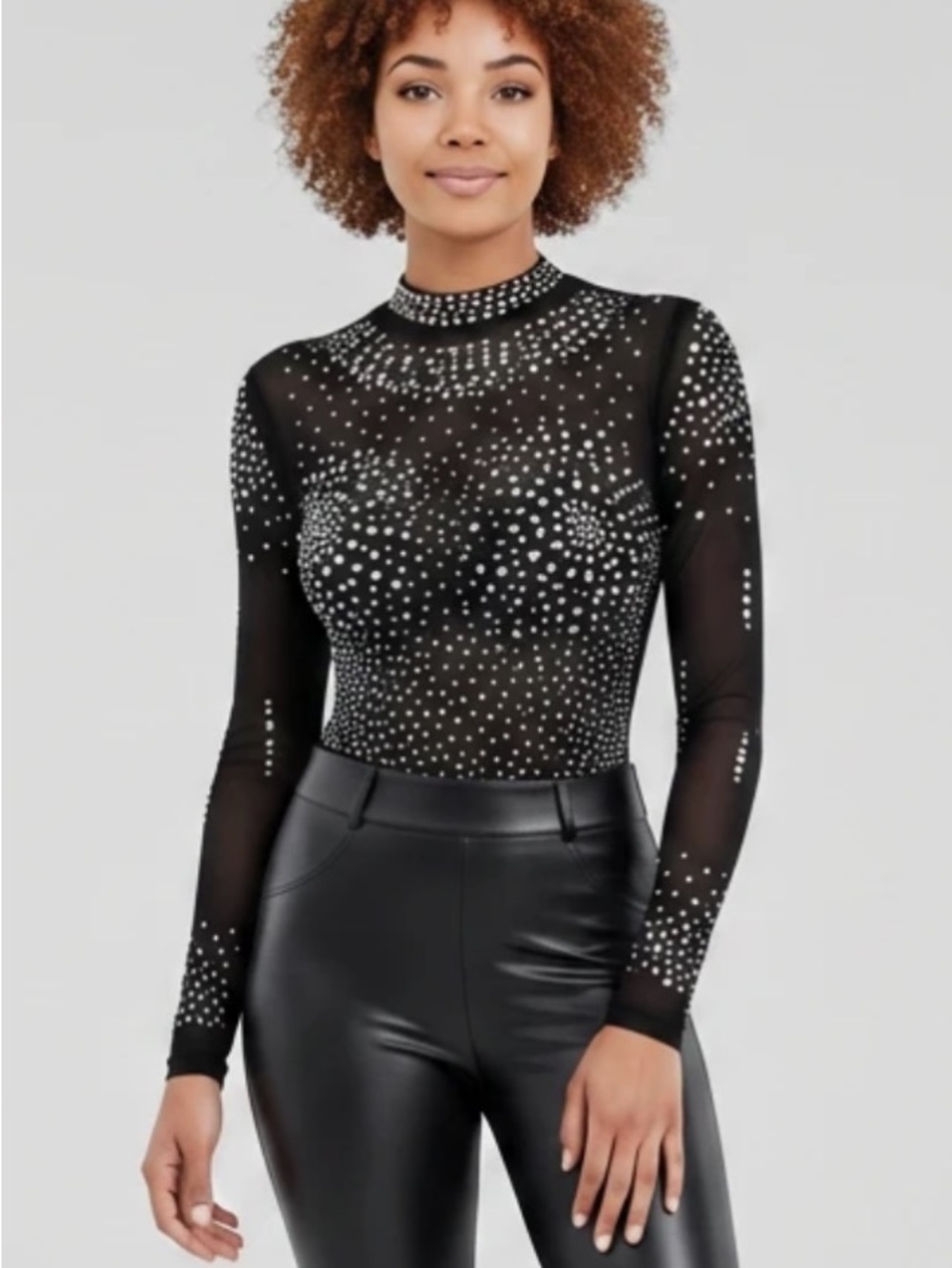 Sheer Black Rhinestone-Embellished Long-Sleeve Bodysuit